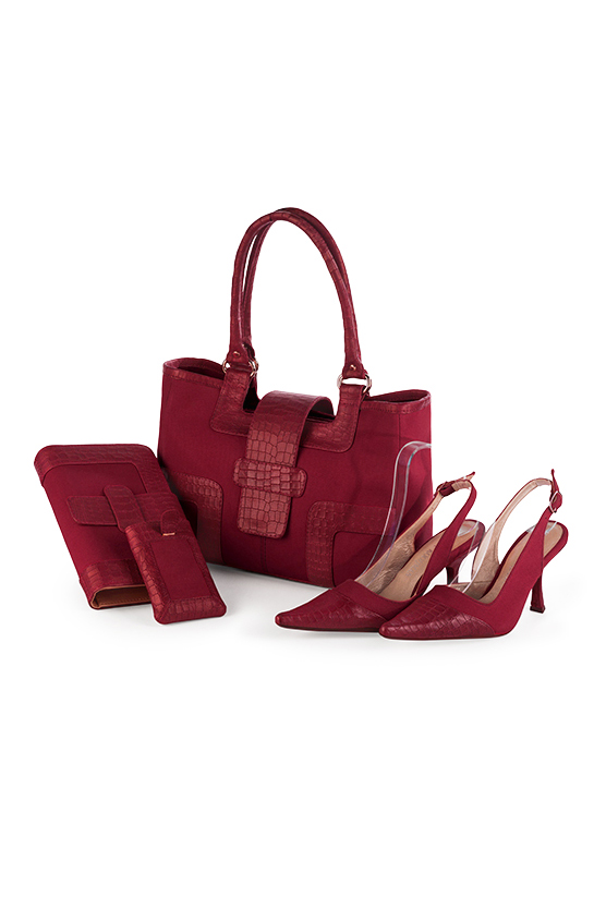 Burgundy red women's dress handbag, matching pumps and belts. Top view - Florence KOOIJMAN